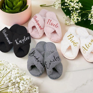 Custom Fluffy Slippers, Personalized Fluffy Cross slippers, Custom Bride Slippers, Wedding gift, Bride Gift, Gifts for Mom, Mrs and Name - Venuston