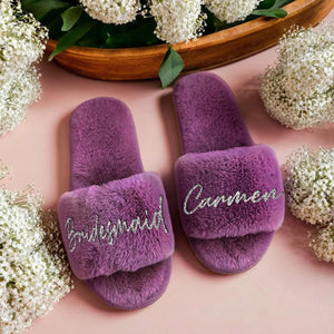 Personalized Bridesmaid Fur Slippers - Ideal for Bridal Shower, Maid of Honor, Bachelorette Party, Christmas Gifts, Bride Wedding - Venuston