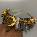 Black Nature Crystal Crown with Golden Leaves - Handmade Tiara Natural Stone Headband for Woman Wedding and Parties - Venuston
