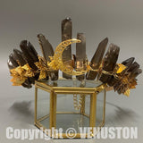 Black Nature Crystal Crown with Golden Leaves - Handmade Tiara Natural Stone Headband for Woman Wedding and Parties