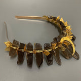 Black Nature Crystal Crown with Golden Leaves - Handmade Tiara Natural Stone Headband for Woman Wedding and Parties - Venuston
