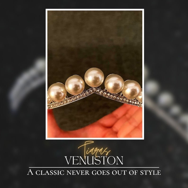 Bridal Larger Pearl Tiara, Pearl Vintage Crown for Bridal, Ivory Hair Hoop for Wedding, Prom Party, Hair Jewelry - Venuston