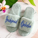 Custom Slippers for Bridal Party – Personalized White Fuzzy Slippers with Name for Bridesmaids, Wedding, Spa, and Bachelorette Parties - Venuston