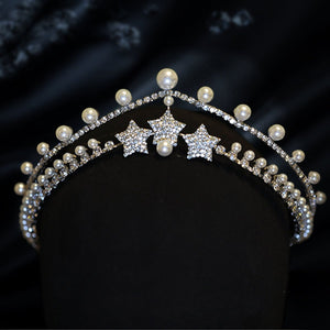 Dual Layer Beautiful Pearl Tiara Flash Diamond Vintage Elegant Bridal Crown Hair Tiara Birthday New Year Christmas - Venuston