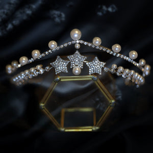 Dual Layer Beautiful Pearl Tiara Flash Diamond Vintage Elegant Bridal Crown Hair Tiara Birthday New Year Christmas - Venuston