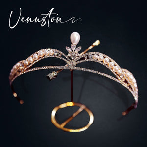 Elegant Golden Princess Tiara - Wedding & Special Event Rhinestone Crown - Bridal, Sweet 16, Quinceañera, New Year's Eve, Renaissance Faire - Venuston