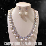 Elegant Zirconia Pearl Double - Layer Necklace/ Pear earring set for Weddings and Special Occasions, Anniversary Christmas Gifts - Venuston