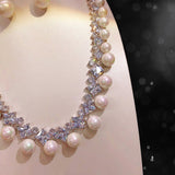 Elegant Zirconia Pearl Double - Layer Necklace/ Pear earring set for Weddings and Special Occasions, Anniversary Christmas Gifts - Venuston