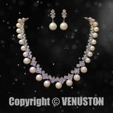 Elegant Zirconia Pearl Double - Layer Necklace/ Pear earring set for Weddings and Special Occasions, Anniversary Christmas Gifts - Venuston