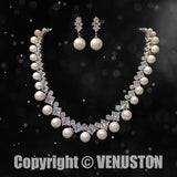 Elegant Zirconia Pearl Double - Layer Necklace/ Pear earring set for Weddings and Special Occasions, Anniversary Christmas Gifts - Venuston