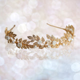 Flower Copper Leaf Inlaid Zircon Pearl Gold Wedding Headpiece Tiara for Bride Tiaras and Crowns Hair Accessories - Venuston
