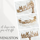 Flower Copper Leaf Inlaid Zircon Pearl Gold Wedding Headpiece Tiara for Bride Tiaras and Crowns Hair Accessories - Venuston