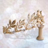 Flower Copper Leaf Inlaid Zircon Pearl Gold Wedding Headpiece Tiara for Bride Tiaras and Crowns Hair Accessories - Venuston