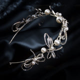 French Vintage Sparkling Diamond Butterfly Knot Large Pearl Bridal Tiara Head Crown Photo Shoot Birthday Hair Tiara Birthday Christmas - Venuston