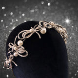 French Vintage Sparkling Diamond Butterfly Knot Large Pearl Bridal Tiara Head Crown Photo Shoot Birthday Hair Tiara Birthday Christmas - Venuston