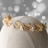 Gold Leaf Bridal Crown - Handmade Vintage Pearl & Zircon Tiara for Wedding, Birthday, Anniversary, Cosplay/ Holiday - Venuston