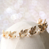 Gold Leaf Bridal Crown - Handmade Vintage Pearl & Zircon Tiara for Wedding, Birthday, Anniversary, Cosplay/ Holiday - Venuston