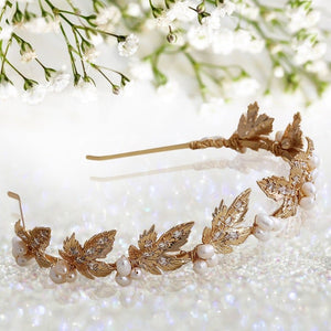 Gold Leaf Bridal Crown - Handmade Vintage Pearl & Zircon Tiara for Wedding, Birthday, Anniversary, Cosplay/ Holiday - Venuston