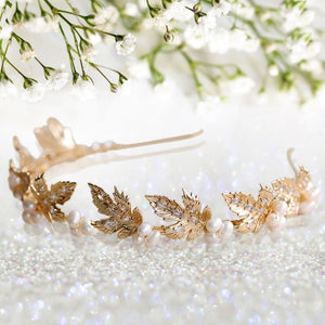 Gold Leaf Bridal Crown - Handmade Vintage Pearl & Zircon Tiara for Wedding, Birthday, Anniversary, Cosplay/ Holiday - Venuston