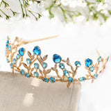 Gold Wedding Crown/Tiara - Handcrafted Leaf & Blue Zircon Crystal Tiara, Perfect Vintage Bridal Headpiece for Christmas/Cosplay - Venuston