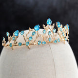 Gold Wedding Crown/Tiara - Handcrafted Leaf & Blue Zircon Crystal Tiara, Perfect Vintage Bridal Headpiece for Christmas/Cosplay - Venuston