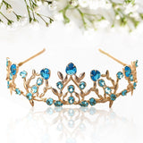 Gold Wedding Crown/Tiara - Handcrafted Leaf & Blue Zircon Crystal Tiara, Perfect Vintage Bridal Headpiece for Christmas/Cosplay