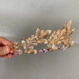 Greek Goddess Crown Bridal Gold Leaf Pearl Rhinestones Headband Wedding Party Halloween Headpiece - Venuston
