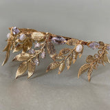Greek Goddess Crown Bridal Gold Leaf Pearl Rhinestones Headband Wedding Party Halloween Headpiece - Venuston