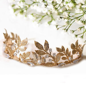 Greek Goddess Crown Bridal Gold Leaf Pearl Rhinestones Headband Wedding Party Halloween Headpiece - Venuston