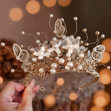 Handmade Champagne Flower Tiara, Butterfly Feather Children's Crown Headpiece, Handwoven Feather and Pearl Flower, Christmas/Birthday Gift - Venuston