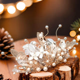 Handmade Champagne Flower Tiara, Butterfly Feather Children's Crown Headpiece, Handwoven Feather and Pearl Flower, Christmas/Birthday Gift - Venuston