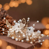 Handmade Champagne Flower Tiara, Butterfly Feather Children's Crown Headpiece, Handwoven Feather and Pearl Flower, Christmas/Birthday Gift - Venuston