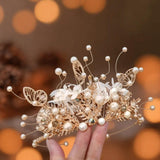 Handmade Champagne Flower Tiara, Butterfly Feather Children's Crown Headpiece, Handwoven Feather and Pearl Flower, Christmas/Birthday Gift