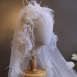 Handmade Floral Lace Wedding Veil with Feather Accents – Romantic Elegance for Your Special Day - Venuston