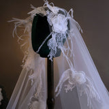 Handmade Floral Lace Wedding Veil with Feather Accents – Romantic Elegance for Your Special Day