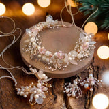 Handmade Floral Wreath - Artificial Pink Flower Crown with Pearls, Ideal for Weddings, Birthdays, Anniversaries, Cosplay & Christmas - Venuston