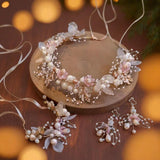 Handmade Floral Wreath - Artificial Pink Flower Crown with Pearls, Ideal for Weddings, Birthdays, Anniversaries, Cosplay & Christmas - Venuston