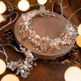 Handmade Floral Wreath - Artificial Pink Flower Crown with Pearls, Ideal for Weddings, Birthdays, Anniversaries, Cosplay & Christmas - Venuston