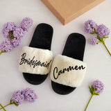 Personalized Bridesmaid Slippers/ Custom Name Fluffy Slippers for Weddings, Bachelorette Party, Spa Days, Cozy White Slipper for Bridesmaids - Venuston
