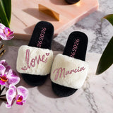 Personalized Bridesmaid Slippers/ Custom Name Fluffy Slippers for Weddings, Bachelorette Party, Spa Days, Cozy White Slipper for Bridesmaids - Venuston