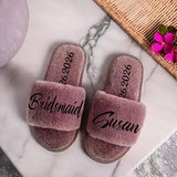 Personalized Bridesmaid Slippers – Custom Name Fluffy White Slippers for Bridal Party, Wedding, Spa, and Bachelorette Parties - Venuston