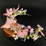 Pink Butterfly Headband Crown/Flower Tiara/ Floral Hair Wreath for Halloween Costume Headpiece/Elf Decoration - Venuston