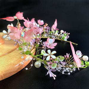 Pink Butterfly Headband Crown/Flower Tiara/ Floral Hair Wreath for Halloween Costume Headpiece/Elf Decoration - Venuston