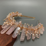 Pink Nature Crystal Crown with Diamond and Pearl Decoration - Handmade Tiara Natural Stone Headband for Woman Wedding and Parties - Venuston
