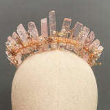 Pink Nature Crystal Crown with Diamond and Pearl Decoration - Handmade Tiara Natural Stone Headband for Woman Wedding and Parties - Venuston