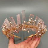 Pink Nature Crystal Crown with Diamond and Pearl Decoration - Handmade Tiara Natural Stone Headband for Woman Wedding and Parties - Venuston