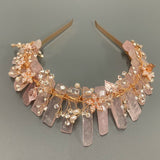 Pink Nature Crystal Crown with Diamond and Pearl Decoration - Handmade Tiara Natural Stone Headband for Woman Wedding and Parties - Venuston