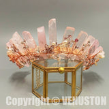 Pink Nature Crystal Crown with Diamond and Pearl Decoration - Handmade Tiara Natural Stone Headband for Woman Wedding and Parties - Venuston