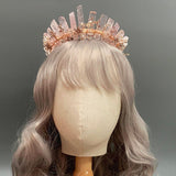 Pink Nature Crystal Crown with Diamond and Pearl Decoration - Handmade Tiara Natural Stone Headband for Woman Wedding and Parties - Venuston