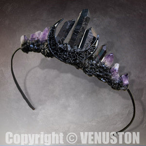 Purple Amethyst Moon Crystal Crown Headband Primitive Quartz Tiara Witch Bridal Tiara for Cosplay Photography - Venuston